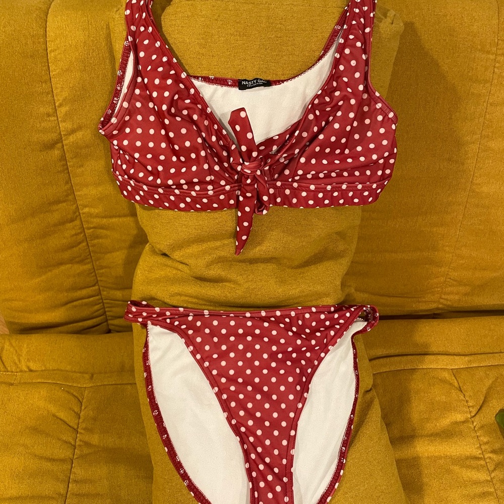 Nasty Gal Red White Polkadot High Leg Bikini matching set